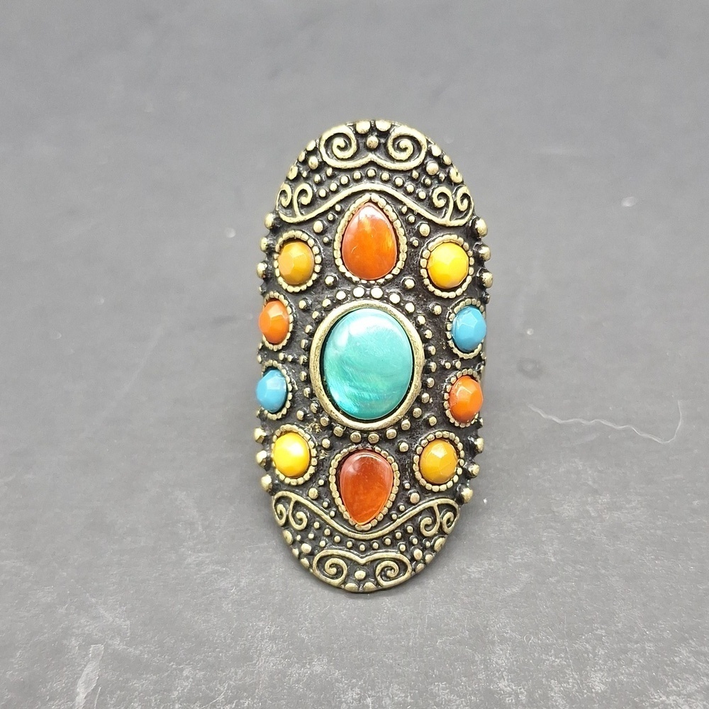 🌺 Boho Vintage-Style Ring – Multicolor Cabochons – Size 7